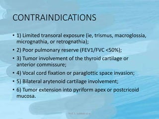 CONTRAINDICATIONS
• 1) Limited transoral exposure (ie, trismus, macroglossia,
micrognathia, or retrognathia);
• 2) Poor pu...