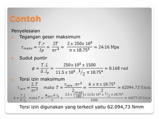 Contoh
Penyelesaian
a. Tegangan geser maksimum
b. Sudut puntir
c. Torsi izin maksimum
Torsi izin digunakan yang terkecil yaitu 62.094,73 Nmm
 