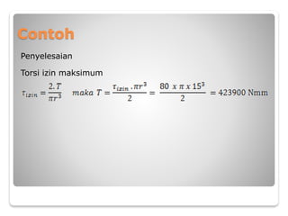 Contoh
Penyelesaian
Torsi izin maksimum
 