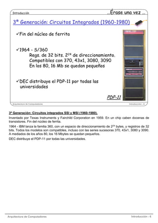 Introducción

…Érase una vez …

3ª Generación: Circuitos Integrados (1960-1980)
Fin del núcleo de ferrita
1964 - S/360
Regs. de 32 bits. 224 de direccionamiento.
Compatibles con 370, 43x1, 3080, 3090
En los 80, 16 Mb se quedan pequeños
DEC distribuye el PDP-11 por todas las
universidades

PDP-11
Arquitectura de Computadores

Introducción - 6

3ª Generación: Circuitos integrados SSI y MSI (1960-1980).
Inventado por Texas Instruments y Fairchild Corporation en 1959. En un chip caben docenas de
transistores. Fin del núcleo de ferrita.
1964 - IBM lanza la familia 360, con un espacio de direccionamiento de 224 bytes, y registros de 32
bits. Todos los modelos son compatibles, incluso con las series sucesoras 370, 43x1, 3080 y 3090.
A mediados de los años 80, los 16 Mbytes se quedan pequeños.
DEC distribuye el PDP-11 por todas las universidades.

Arquitectura de Computadores

Introducción - 6

 