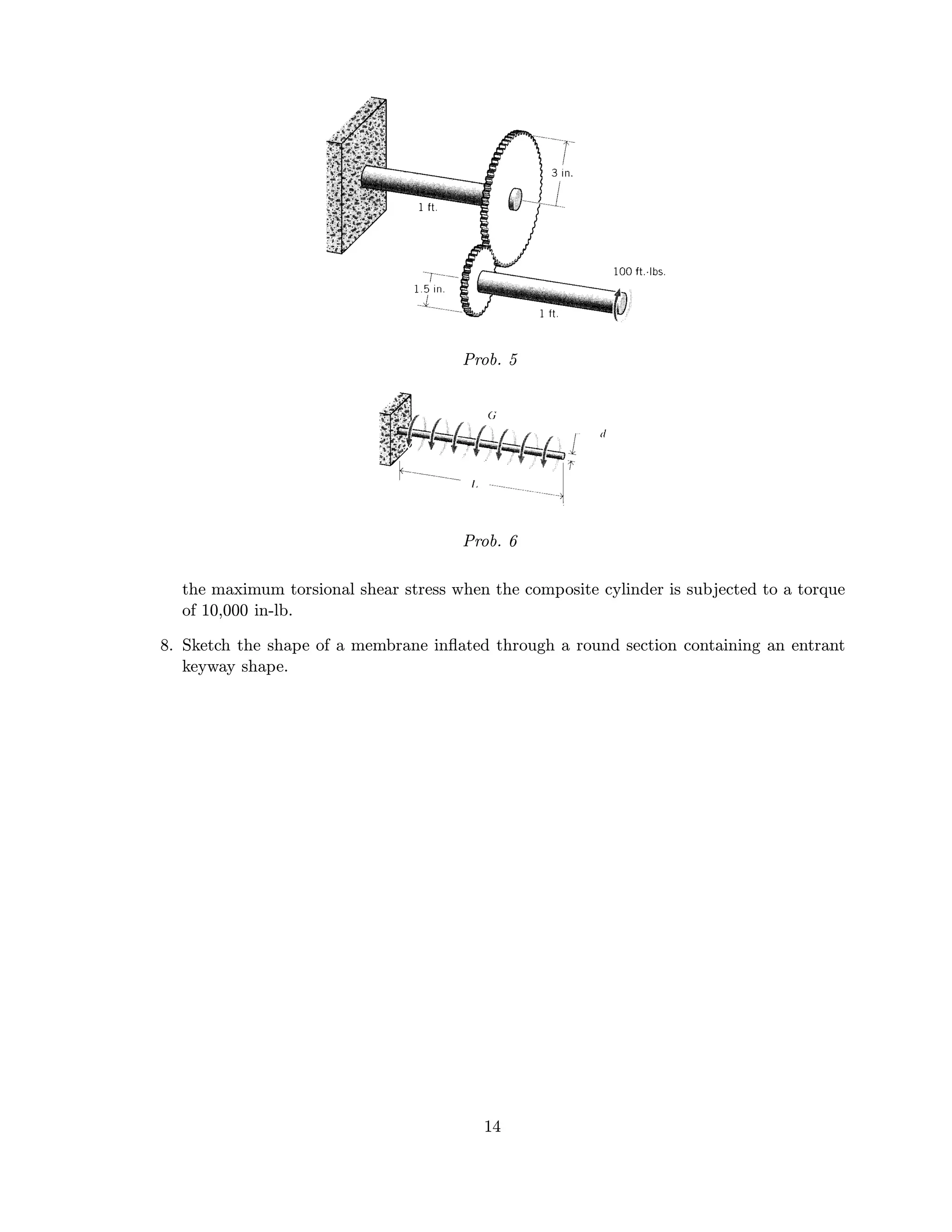 Prob. 5
Prob. 6
the maximum torsional shear stress when the composite cylinder is subjected to a torque
of 10,000 in-lb.
8. Sketch the shape of a membrane inﬂated through a round section containing an entrant
keyway shape.
14
 