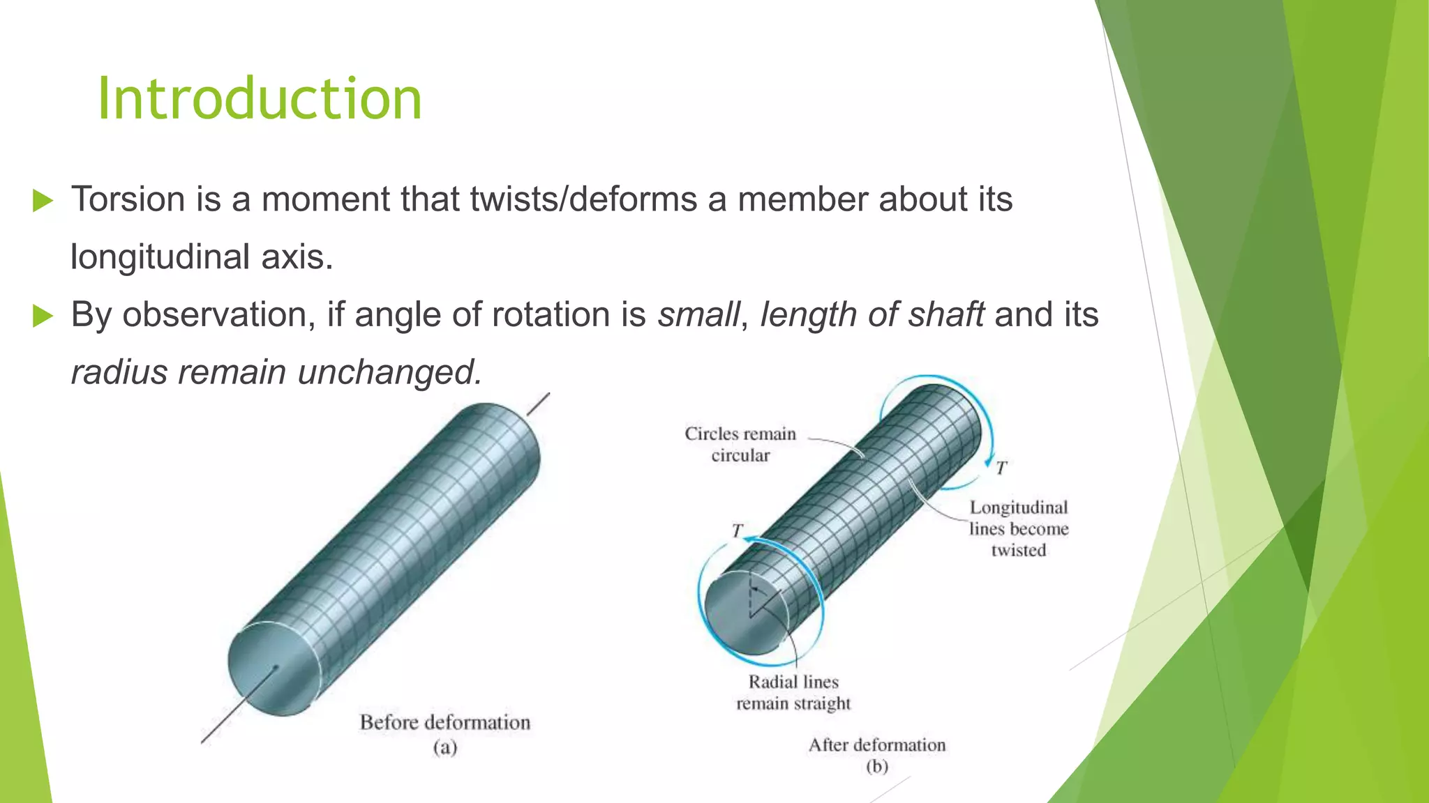 Introduction
 Torsion is a moment that twists/deforms a member about its
longitudinal axis.
 By observation, if angle of rotation is small, length of shaft and its
radius remain unchanged.
 