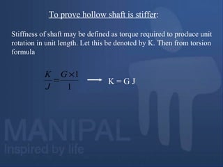 To prove hollow shaft is stiffer:
Stiffness of shaft may be defined as torque required to produce unit
rotation in unit length. Let this be denoted by K. Then from torsion
formula
1
1×
=
G
J
K
K = G J
 
