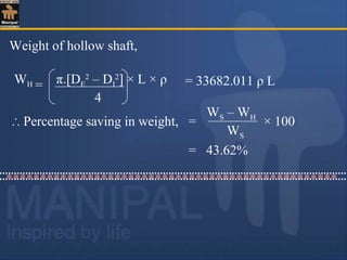 Weight of hollow shaft,
= 33682.011 ρ L
∴ Percentage saving in weight, =
WS – WH
WS
× 100
= 43.62%
*************************************************
=WH π.[DE
2
– DI
2
] × L × ρ
4
 