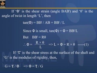 If ‘Φ’ is the shear strain (angle BABl
) and ‘θ’ is the
angle of twist in length ‘L’, then
tan(Φ) = BBl
/ AB = BBl
/ L
Since Φ is small, tan(Φ) = Φ = BBl
/L
But BBl
= Rθ
=> L × Φ = R × θ -----(1)
If ‘τ’ is the shear stress at the surface of the shaft and
‘G’ is the modulus of rigidity, then,
G = τ / Φ => Φ = τ / G
R × θ
L
∴ Φ =
 