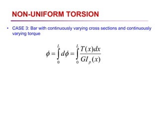 NON-UNIFORM TORSION
• CASE 3: Bar with continuously varying cross sections and continuously
varying torque
∫
∫ =
=
L
p
L
x
GI
dx
x
T
d
0
0
)
(
)
(
φ
φ
 