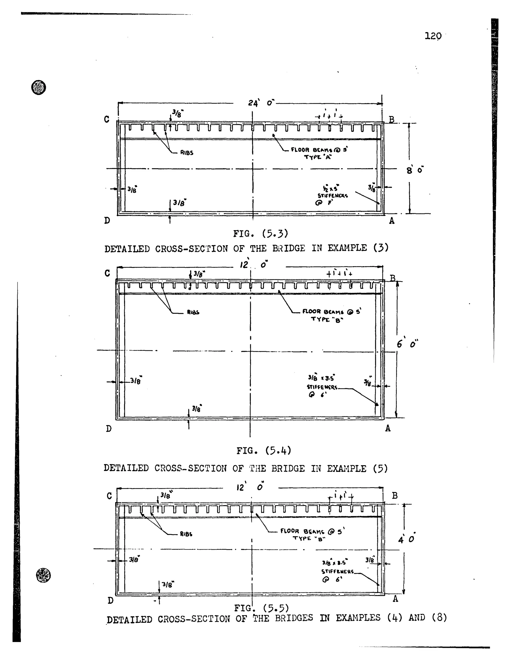 rc
24' 0 ..- - - - - - - - - - - -..1
D
FIG. (5.3)
DETAlLED CROSS-SEC'fION OF THE BHIDGE IN EXA11PLE (3)
-~n-I----
, ..
12 .. 0
f'LOOIt et"'toI (il ~
TVPE he"
t ------,-.3/& • J.!l
~,ffENÇIl
fÎI "
D A
FIG. (5.4)
DETAILED CROSS-SECTION OF 'rHE BRIDGE IN EXAHPLE (5)
 "
12 0 • i
C
FIG. (5.5)
120

6 0"
B
.DETAILED CROSS-SEC'fION OF 'l'HE BRIDGES m EXM1PLES (4) AND (8)
·1
 