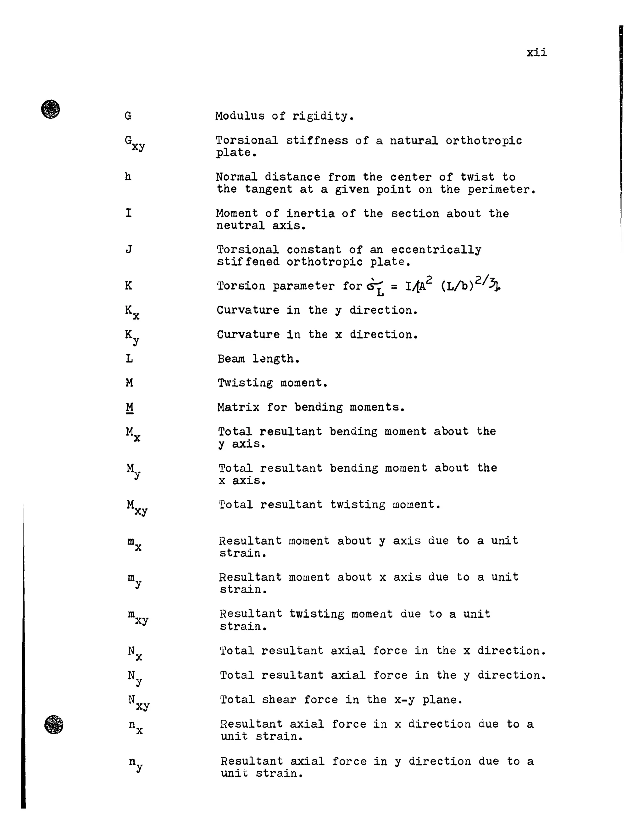 • G
Gxy
h
l
J
K
Kx
Ky
L
M
1:1
Mx
My
Mxy
mx
my
mxy
Nx
Ny
N
XY
nx
ny
Modulus of rigidity.
Torsional stiffness of a natural orthotropic
plate.
xii
Normal distance from the center of twist to
the tangent at a given point on the perimeter.
Moment of inertia of the section about the
neutral axis.
Torsional constant of an eccentrically
stiffened orthotropic plate.
Torsion parameter for Gr: = IAA2 {L/b)2/3J.
Curvature in the y direction.
Curvature in the x direction.
Bearn l~ngth.
~visting moment.
Matrix for bending moments.
Total resultant bending moment about the
y axis.
Total resultant bending moment about the
x axis.
Total resultant twisting moment.
Resultant moment about y axis due to a unit
strain.
Resultant moment about x axis due to a unit
strain.
Resultant twisting moment due to a unit
strain.
Total resultant axial force in the x direction.
Total resultant axial force in the y direction.
Total shear force in the x-y plane.
Resultant axial force in x direction due to a
unit strain.
Resultant axial force in y direction due to a
unit strain.
 