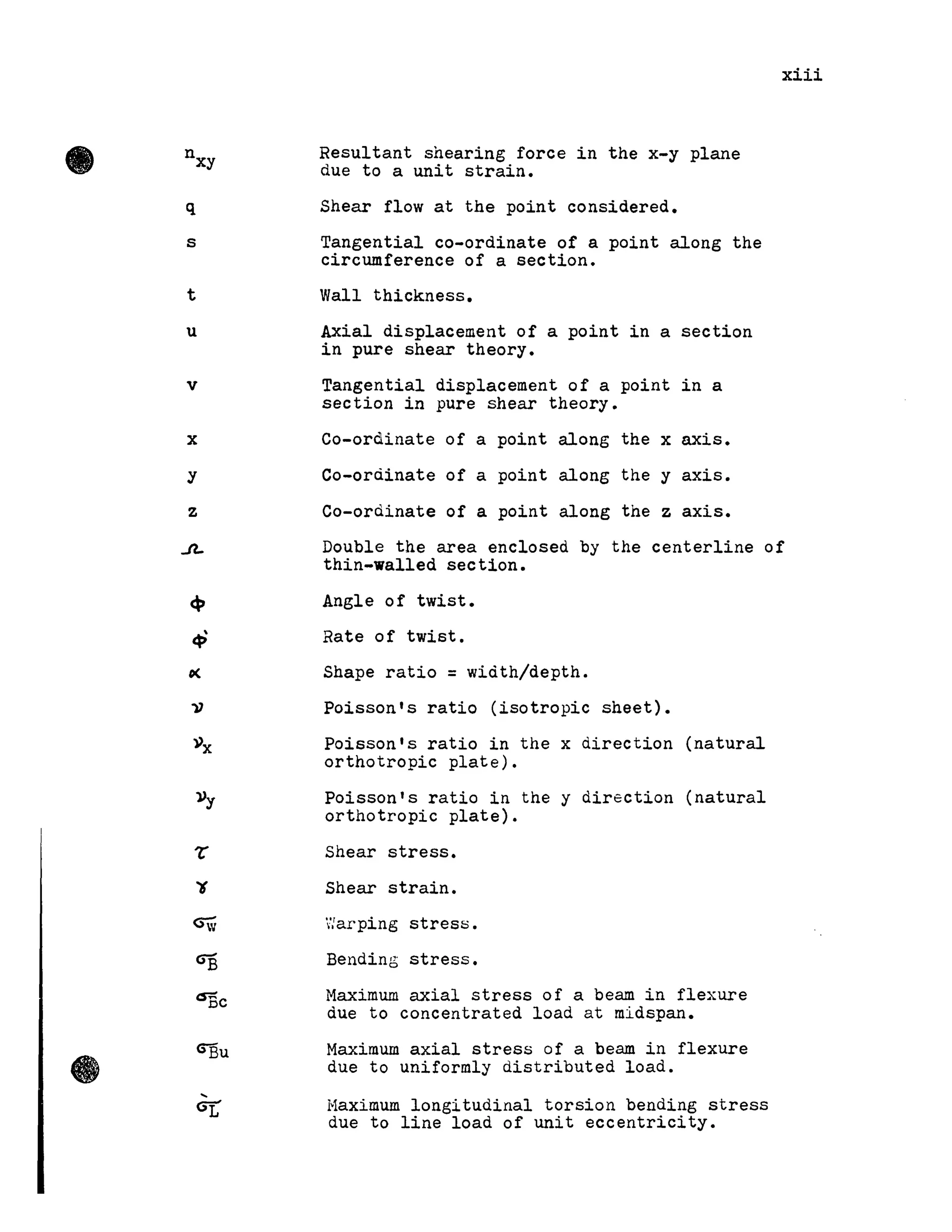 • nxy
q
s
t
u
v
x
y
z
.ft-
et»
~
0<
)}
))x
CSBc
GEu
Resultant shearing force in the x-y plane
due to a unit strain.
Shear flow at the point considered.
Tangential co-ordinate of a point along the
circumference of a section.
Wall thickness.
Axial displacement of a point in a section
in pure shear theory.
Tangential displacement of a point in a
section in pure shear theory.
xiii
Co-ordinate of a point along the x axis.
Co-oràinate of a point along the y axis.
Co-ordinate of a point along the z axis.
Double the area enclosed by the centerline of
thin-walled section.
Angle of twist.
Rate of twist.
Shape ratio = widthjdepth.
Poisson's ratio (isotropie sheet).
Poisson's ratio in the x direction (natural
orthotropic plate).
Poisson's ratio in the y direction (natural
orthotropic plate).
Shear stress.
Shear strain.
':arping stress.
Bending stress.
Maximum axial stress of a beam in flexure
due to concentrated load at midspan.
Maximum axial stress of a beam in flexure
due to uniformly distributed load.
Haximum longitudinal torsion bending stress
due to line load of unit eccentricity.
 
