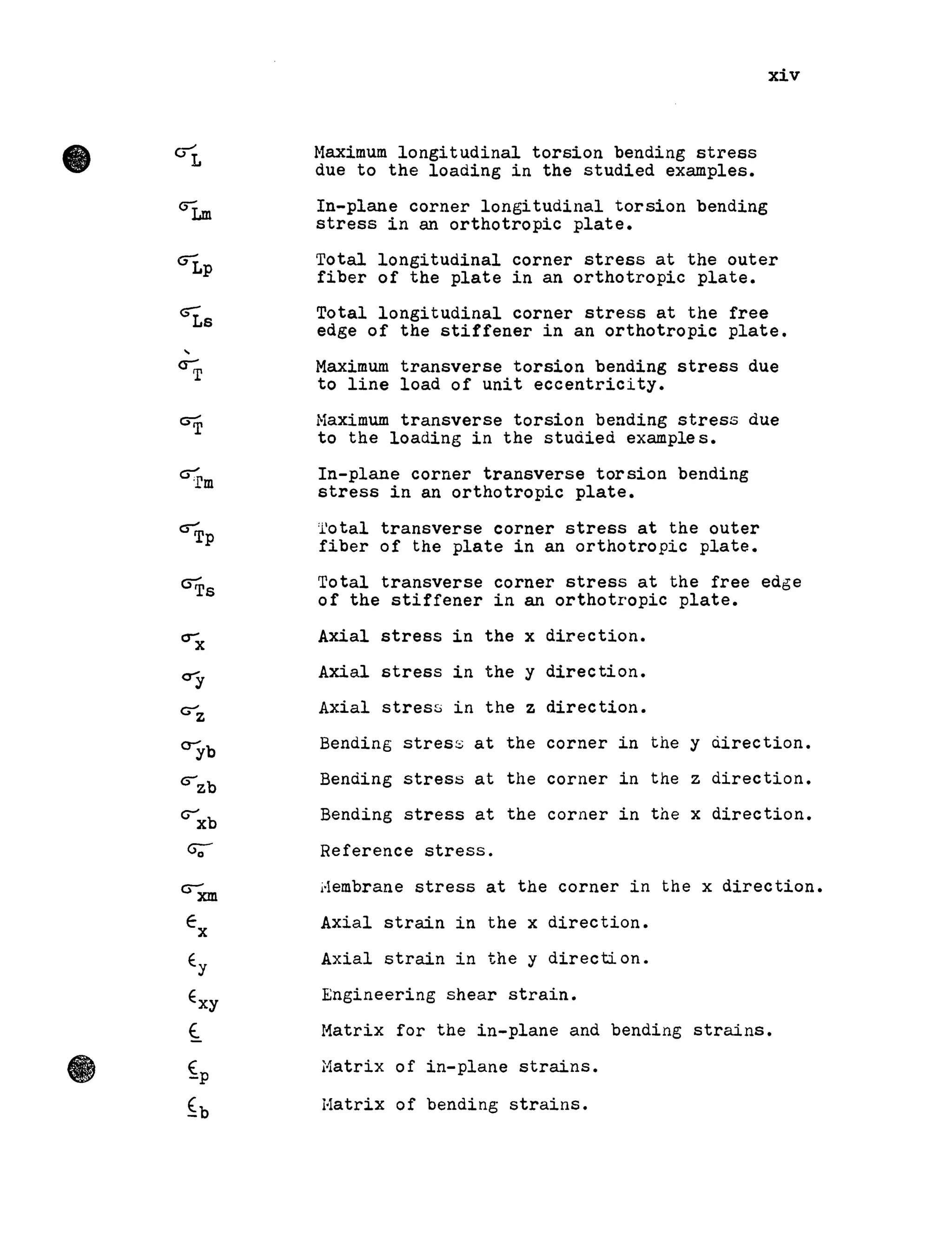 • ut
uLm
"Lp
G!.s
,
a;
~
"Tm
"Tp
GTs
o-x
cry
G"'z
OYb
"zb
Cï'xb
c;;,-
C,)""'xm
Ex
Ey
Exy
S:.
~p
~b
Haximum longitudinal torsion bending stress
due to the loading in the studied examples.
In-plane corner longitudinal torsion bending
stress in an orthotropic plate.
xiv
Total longitudinal corner stress at the outer
fiber of the plate in an orthotropic plate.
Total longitudinal corner stress at the free
edge of the stiffener in an orthotropic plate.
Maximum transverse torsion bending stress due
to line load of unit eccentricity.
Haximum transverse torsion bending stress due
to the loading in the stuàied examples.
In-plane corner transverse torsion bending
stress in an orthotropic plate.
Total transverse corner stress at the outer
fiber of the plate in an orthotropic plate.
Total transverse corner stress at the free edge
of the stiffener in an orthotropic plate.
Axial stress in the x direction.
Axial stress in the y direction.
Axial stres::; in the z direction.
Bending stress at the corner in the y à.irection.
Benàing stress at the corner in the z direction.
Bending stress at the corner in the x direction.
Reference stress.
j'lembrane stress at the corner in the x direction.
Axial strain in the x direction.
Axial strain in the y directi on.
Engineering shear strain.
Hatrix for the in-plane and bending strains.
Hatrix of in-plane strains.
Matrix of bending strains.
 