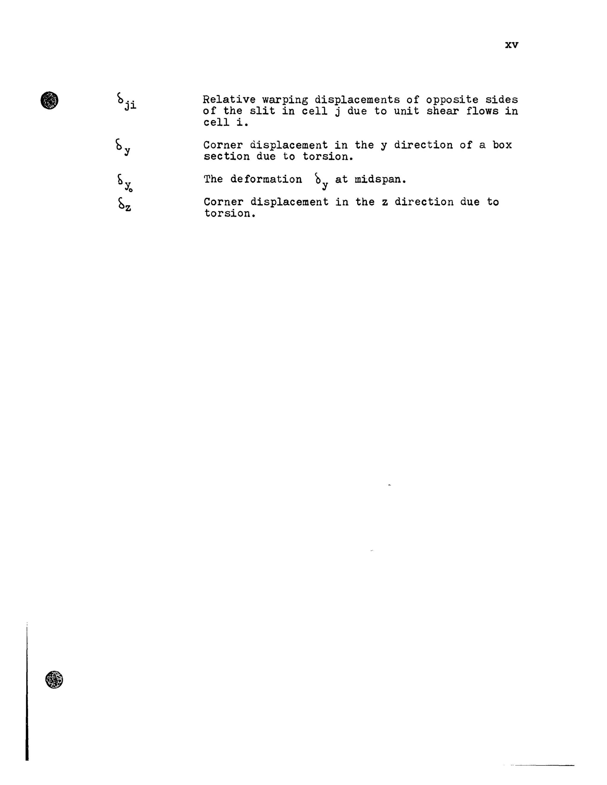 •
xv
Relative warping displacements of opposite sides
of the slit in cell j due to unit shear flows in
cell i.
Corner displacement in the y direction of a box
section due to torsion.
The deformation by at midspan.
Corner displacement in the z direction due to
torsion.
 