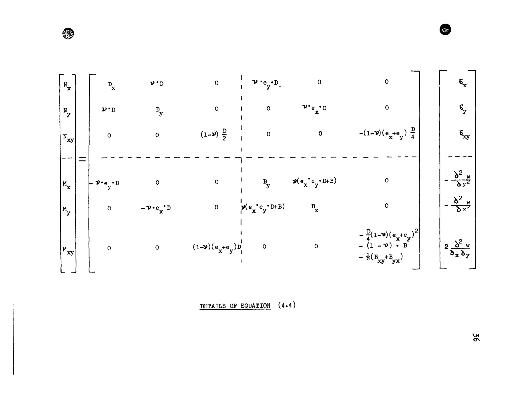 ~
N n V-n 0 "V -e .D 0 0
x x Y -
N V-n n 0 0 'V- e en 0
1 y
y x
(l-V) ~
n
N 0 0 0 0 -(l-V)(e +e ) -
"KY 2 x Y 4
--------------1 ------------ - - --
M t- ~-ey-D 0 0 B ~(e -e -D+-B) 0
x y x y
1
1
M 0 -'})-e -n 0 l'{e -e -D+-B) B 0
y x 1 x y x
1 D 2
- t<l-'))( e +e )
1
x y 1
Mxyl 0 0 (l-V)(e +e )n 0 0 - (1 -,,) e B
x y 1
- !(B +B )
"KY yx
nETAILS OF EQUATION (4-4)
ct
1 ~
€
Y
~
- ---
})2 w
-~
02
w
-~
1 2 '~,2w
b x ~y
).1
0'
 