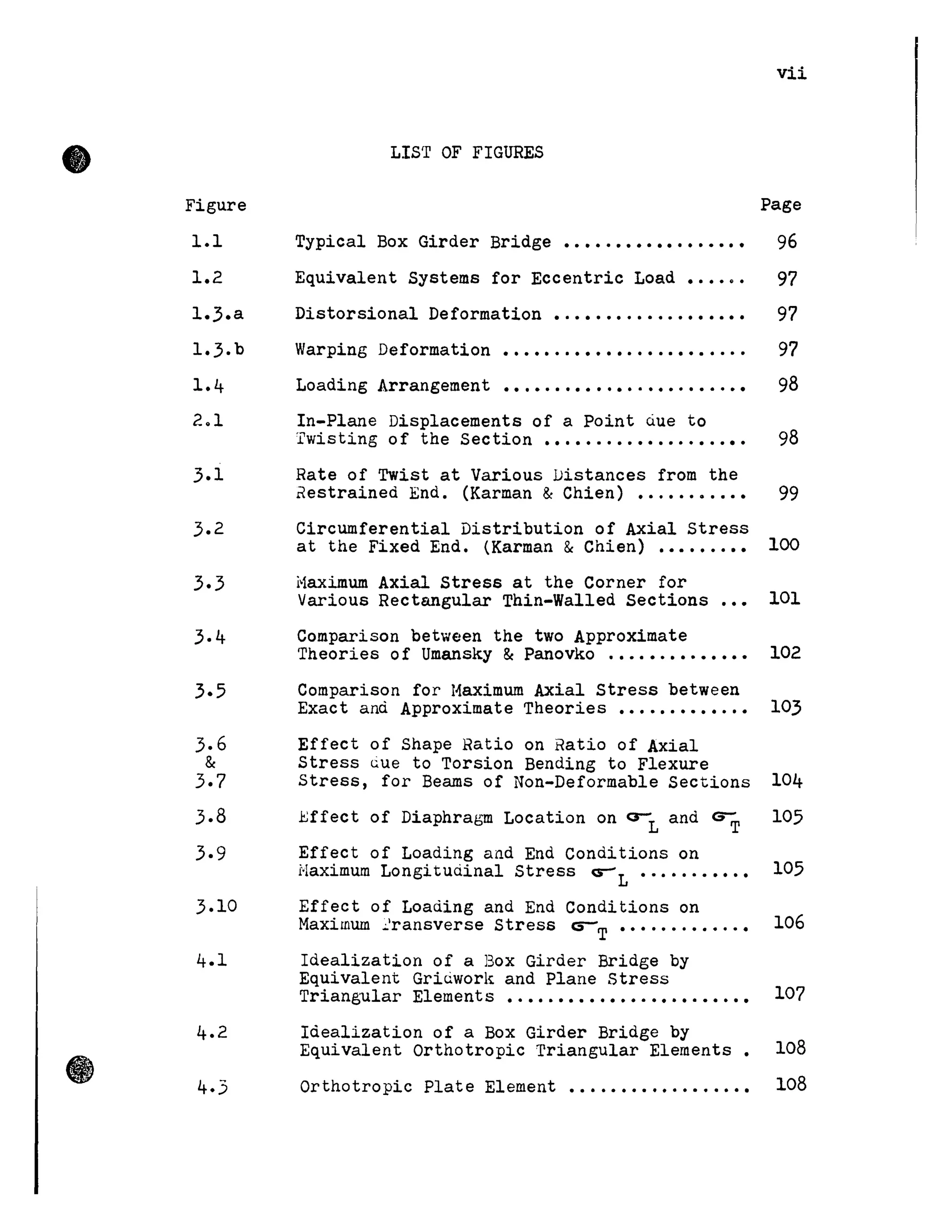 • Figure
1.1
1.2
1.3.a
1.3.b
1.4
201
3.1
3.2
3.4
3.6
&
3.7
3.8
3.9
3.10
LIST OF FIGURES
Typical Box Girder Bridge ••••.••••••.•.••••
Equivalent Systems for Eccentric Load •.••..
Distorsional Deformation •.••.••..•..•••••••
Warping Deformation
Loading Arrangement
........................
........................
vii
Page
96
97
97
97
98
In-Plane Displacements of a Point Que to
Twisting of the Section ••.•...•.••.•..•.••• 98
Rate of Twist at Various Vistances from the
aestrained End. (Karman & Chien) ••.•..•..•• 99
Circumferential Distribution of Axial Stress
at the Fixed End. (Karman & Chien) •••.••.•• 100
i>1aximum Axial Stress at the Corner for
Various Rectangular Thin-Wa11ed Sections 101
Comparison between the two Approximate
Theories of Umansky &Panovko ....•..••••••• 102
Comparison for I1aximum Axial Stress between
Exact and Approximate Theories ••.•..••••..• 103
Effect of Shape Ratio on Ratio of Axial
Stress Gue to Torsion Bending to Flexure
Stress, for Beams of Non-Deformable Sections 104
~ffect of Diaphragm Location on o-L and ~ 105
Effect of Loading and End Conditions on
l"laximum Longitudinal Stress ~ L •.....•••.• 105
Effect of Loading and End Conditions on
Maximum ~lransverse Stress cs-T •••....•.•..• 106
Idealization of a Box Girder Bridge by
Equivalent GriGwork and Plane stress
Triangular Elements •.••.••••.••••••.•.••••• 107
Idealization of a Box Girder Bridge by
Equivalent Orthotropic Triangular Elements. 108
Orthotropic Plate Element ••..•.••.•..•...•• 108
 