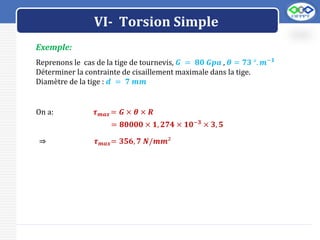 LOGO
VI- Torsion Simple
Exemple:
Reprenons le cas de la tige de tournevis, 𝑮 = 𝟖𝟎 𝑮𝒑𝒂 , 𝜽 = 𝟕𝟑 °. 𝒎−𝟏
Déterminer la contrainte de cisaillement maximale dans la tige.
Diamètre de la tige : 𝒅 = 𝟕 𝒎𝒎
On a: 𝝉𝒎𝒂𝒙 = 𝑮 × 𝜽 × 𝑹
= 𝟖𝟎𝟎𝟎𝟎 × 𝟏, 𝟐𝟕𝟒 × 𝟏𝟎−𝟑 × 𝟑, 𝟓
⇒ 𝝉𝒎𝒂𝒙= 𝟑𝟓𝟔, 𝟕 𝑵/𝒎𝒎²
 