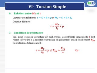 LOGO
VI- Torsion Simple
6. Relation entre 𝑴𝑻 et 𝝉
A partir des relations: 𝝉 = 𝑮 × 𝜽 × 𝝆 et 𝑴𝑻 = 𝑮 × 𝜽 × 𝑰𝟎
On peut déduire:
𝝉 =
𝑴𝑻
𝑰𝟎
× 𝝆
7. Condition de résistance
Sauf pour le cas où la rupture est recherchée, la contrainte tangentielle 𝝉 doit
rester inférieure à la résistance pratique au glissement ou au cisaillement 𝑹𝒑𝒈
du matériau. Autrement dit :
𝝉 =
𝑴𝑻
𝑰𝟎
× 𝝆 ≤ 𝑹𝒑𝒈 =
𝑹𝒆𝒈
𝓈
∀𝝆
 