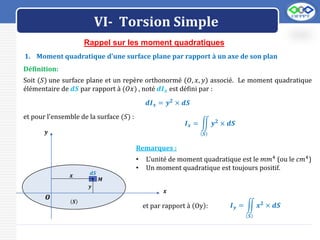 LOGO
VI- Torsion Simple
Rappel sur les moment quadratiques
Définition:
Soit (𝑆) une surface plane et un repère orthonormé (𝑂, 𝑥, 𝑦) associé. Le moment quadratique
élémentaire de 𝒅𝑺 par rapport à (𝑂𝑥) , noté 𝒅𝑰𝒙 est défini par :
𝒅𝑰𝒙 = 𝒚𝟐
× 𝒅𝑺
et pour l'ensemble de la surface (𝑆) :
𝑰𝒙 =
𝑺
𝒚𝟐
× 𝒅𝑺
Remarques :
• L'unité de moment quadratique est le 𝑚𝑚4
(ou le 𝑐𝑚4
)
• Un moment quadratique est toujours positif.
et par rapport à Oy : 𝑰𝒚 =
𝑺
𝒙𝟐
× 𝒅𝑺
𝒚
𝒙
𝑶
.
𝒚
𝒅𝑺
𝑺
𝑴
𝒙
1. Moment quadratique d'une surface plane par rapport à un axe de son plan
 