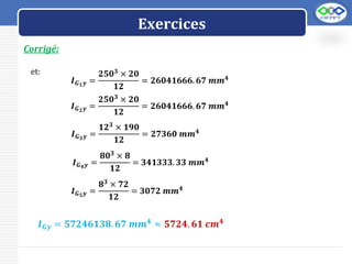 LOGO
Corrigé:
Exercices
et:
𝑰𝑮𝟏𝒚 =
𝟐𝟓𝟎𝟑 × 𝟐𝟎
𝟏𝟐
= 𝟐𝟔𝟎𝟒𝟏𝟔𝟔𝟔. 𝟔𝟕 𝒎𝒎𝟒
𝑰𝑮𝟐𝒚 =
𝟐𝟓𝟎𝟑
× 𝟐𝟎
𝟏𝟐
= 𝟐𝟔𝟎𝟒𝟏𝟔𝟔𝟔. 𝟔𝟕 𝒎𝒎𝟒
𝑰𝑮𝟑𝒚 =
𝟏𝟐𝟑
× 𝟏𝟗𝟎
𝟏𝟐
= 𝟐𝟕𝟑𝟔𝟎 𝒎𝒎𝟒
𝑰𝑮𝟒𝒚 =
𝟖𝟎𝟑 × 𝟖
𝟏𝟐
= 𝟑𝟒𝟏𝟑𝟑𝟑. 𝟑𝟑 𝒎𝒎𝟒
𝑰𝑮𝟓𝒚 =
𝟖𝟑 × 𝟕𝟐
𝟏𝟐
= 𝟑𝟎𝟕𝟐 𝒎𝒎𝟒
𝑰𝑮𝒚 = 𝟓𝟕𝟐𝟒𝟔𝟏𝟑𝟖. 𝟔𝟕 𝒎𝒎𝟒 ≈ 𝟓𝟕𝟐𝟒. 𝟔𝟏 𝒄𝒎𝟒
 