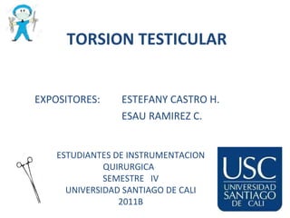 EXPOSITORES:  ESTEFANY CASTRO H. ESAU RAMIREZ C. TORSION TESTICULAR ESTUDIANTES DE INSTRUMENTACION QUIRURGICA  SEMESTRE  IV UNIVERSIDAD SANTIAGO DE CALI 2011B 