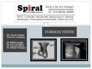  Dr Arun Gupta
Director imaging
 Dr Rakhee gupta
Dr R K S Gandhi
Dr Vinayak Mittal
Dr Ritesh Mahajan
TORSION TESTIS
 