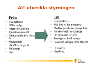 Att utveckla styrningen

      Från                             Till
  •   Budgetfokus                  •   Resultatfokus
  •   Hålla budget                 •   Vad fick vi för pengarna
  •   Intern förvaltning           •   Medborgar-/brukarperspektiv
  •   Tjänstemannamål              •   Politikermål (inriktning)
  •   Innevarande år o nästa       •   De närmaste tre åren
      år                           •   Strategiska inriktningar
  •   Många mål                    •   Fokus på viktiga förbättringar
  •   Försöker fånga allt
  •   Följa upp                    • Utvärdera
  •   Prat                         • Handling


Analysgruppen – Hällefors kommun
 