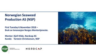 Norwegian Seaweed
Production AS (NSP)
First Tuesday 6.November 2018 –
Bruk av Innovasjon Norges Mentortjeneste.
Mentor: Kjell Hilde, Nordcap AS
Kunde: Torstein Christiansen, NSP
 