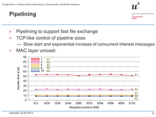Pipelining
> Pipelining to support fast file exchange
> TCP-like control of pipeline sizes
— Slow start and exponential increase of concurrent Interest messages
> MAC layer unicast:
Holmdel, 23.05.2013
Torsten Braun: Content-Centric Networking in Opportunistic and Mobile Networks
13
 