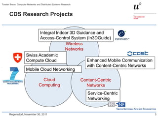 CDS Research Projects
Regensdorf, November 30, 2011
Torsten Braun: Computer Networks and Distributed Systems Research
3
Wireless
Networks
Cloud
Computing
Content-Centric
Networks
Service-Centric
Networking
Mobile Cloud Networking
Enhanced Mobile Communication
with Content-Centric Networks
Integral Indoor 3D Guidance and
Access-Control System (In3DGuide)
Swiss Academic
Compute Cloud
 