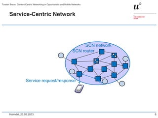 Service-Centric Network
Holmdel, 23.05.2013
Torsten Braun: Content-Centric Networking in Opportunistic and Mobile Networks
6
Service request/response
SCN router
SCN network
 