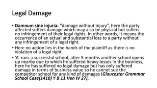 Legal Damage
• Damnum sine injuria: “damage without injury”, here the party
affected suffers damage which may also be physical but suffers
no infringement of their legal rights. In other words, it means the
occurrence of an actual and substantial loss to a party without
any infringement of a legal right.
• Here no action lies in the hands of the plaintiff as there is no
violation of a legal right.
• ‘A’ runs a successful school, after 5 months another school opens
up nearby due to which he suffered heavy losses in the business,
here he has suffered no legal damage but has only suffered
damage in terms of business value so he cannot sue the
competitor school for any kind of damages (Gloucester Grammar
School Case(1410) Y B 11 Hen IV 27).
 