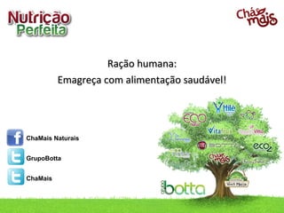Ração humana:Ração humana:
Emagreça com alimentação saudável!Emagreça com alimentação saudável!
ChaMais Naturais
GrupoBotta
ChaMais
contato@racaohumana.ind.br / Telefone: (49) 3433.0100
 