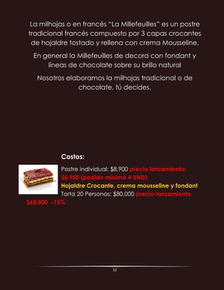 12
La milhojas o en francés “La Millefeuilles” es un postre
tradicional francés compuesto por 3 capas crocantes
de hojaldre tostado y rellena con crema Mousseline.
En general la Millefeuilles de decora con fondant y
líneas de chocolate sobre su brillo natural
Nosotros elaboramos la milhojas tradicional o de
chocolate, tú decides.
Costos:
Postre individual: $8.900 precio lanzamiento:
$6.900 (pedido mínimo 4 UND)
Hojaldre Crocante, crema mousseline y fondant
Torta 20 Personas: $80.000 precio lanzamiento
$68.000 -15%
 