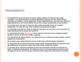 TRATAMIENTO
 El tratamiento de la tortícolis al nacer implica estirar el músculo del cuello
acortado. Los estiramientos y posicionamientos pasivos son los tratamientos
utilizados en bebés y niños pequeños. Estos tratamientos a menudo son eficaces,
especialmente si se inician dentro de los tres meses posteriores al nacimiento.
 La cirugía para corregir el músculo del cuello se puede hacer en la edad
preescolar, en caso de que otros métodos de tratamiento fallen.
 La tortícolis causada por daño al sistema nervioso, la columna o los músculos se
trata identificando la causa del trastorno.
 La aplicación de calor, la tracción de la columna cervical y los masajes pueden
ayudar a aliviar el dolor de cuello y cabeza.
 Los ejercicios de estiramiento y la utilización de un collarín pueden ayudar con los
espasmos musculares.
 Se pueden usar medicamentos como el fármaco anticolinérgico baclofeno.
 La inyección de la toxina botulínica puede aliviar temporalmente la tortícolis, pero
generalmente se requiere repetir las inyecciones cada tres meses.
 La cirugía de la columna vertebral puede ser necesaria cuando la tortícolis se
debe a vértebras dislocadas. En algunos casos, la cirugía implica la destrucción
de algunos de los nervios de los músculos del cuello o la estimulación cerebral.
 