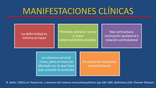 MANIFESTACIONES CLÍNICAS
B. Salter. (2001) en Trastornos y lesiones del sistema musculoesquelético (pp.184-186). Baltimore,USA: Elsevier Masson.
La deformidad es
mínima al nacer
Primeras semana: tumor
o masa
esternocleidomastoideo.
Hay contractura:
inclinación ipsilateral y
rotación contralateral
La columna cervical
crece, pero el músculo
afectado no, lo que hace
que acentúe la tortícolis
En evolución avanzada:
asimetría facial.
 