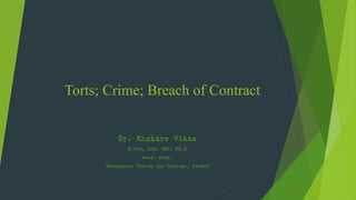 Dr. Khakare Vikas
Torts; Crime; Breach of Contract
Dr. Khakare Vikas
B.Com, LLM. SET, Ph.D
Asso. Prof.
Narayanrao Chavan Law College, Nanded
 