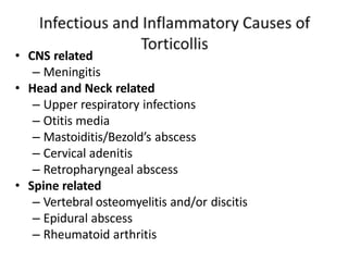 • CNS related
– Meningitis
• Head and Neck related
– Upper respiratory infections
– Otitis media
– Mastoiditis/Bezold’s abscess
– Cervical adenitis
– Retropharyngeal abscess
• Spine related
– Vertebral osteomyelitis and/or discitis
– Epidural abscess
– Rheumatoid arthritis
 