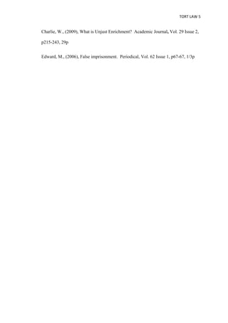 TORT LAW 5


Charlie, W., (2009), What is Unjust Enrichment? Academic Journal, Vol. 29 Issue 2,

p215-243, 29p


Edward, M., (2006), False imprisonment. Periodical, Vol. 62 Issue 1, p67-67, 1/3p
 
