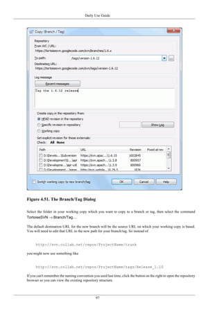 Daily Use Guide
97
Figure 4.51. The Branch/Tag Dialog
Select the folder in your working copy which you want to copy to a branch or tag, then select the command
TortoiseSVN → Branch/Tag....
The default destination URL for the new branch will be the source URL on which your working copy is based.
You will need to edit that URL to the new path for your branch/tag. So instead of
http://svn.collab.net/repos/ProjectName/trunk
you might now use something like
http://svn.collab.net/repos/ProjectName/tags/Release_1.10
If you can't remember the naming convention you used last time, click the button on the right to open the repository
browser so you can view the existing repository structure.
 