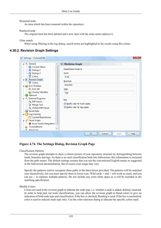 Daily Use Guide
139
Renamed node
An item which has been renamed within the repository.
Replaced node
The original item has been deleted and a new item with the same name replaces it.
Filter match
When using filtering in the log dialog, search terms are highlighted in the results using this colour.
4.30.2. Revision Graph Settings
Figure 4.74. The Settings Dialog, Revision Graph Page
Classification Patterns
The revision graph attempts to show a clearer picture of your repository structure by distinguishing between
trunk, branches and tags. As there is no such classification built into Subversion, this information is extracted
from the path names. The default settings assume that you use the conventional English names as suggested
in the Subversion documentation, but of course your usage may vary.
Specify the patterns used to recognise these paths in the three boxes provided. The patterns will be matched
case-insensitively, but you must specify them in lower case. Wild cards * and ? will work as usual, and you
can use ; to separate multiple patterns. Do not include any extra white space as it will be included in the
matching specification.
Modify Colors
Colors are used in the revision graph to indicate the node type, i.e. whether a node is added, deleted, renamed.
In order to help pick out node classifications, you can allow the revision graph to blend colors to give an
indication of both node type and classification. If the box is checked, blending is used. If the box is unchecked,
color is used to indicate node type only. Use the color selection dialog to allocate the specific colors used.
 