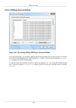 Daily Use Guide
150
4.30.5.3. Diff/Merge Advanced Settings
Figure 4.81. The Settings Dialog, Diff/Merge Advanced Dialog
In the advanced settings, you can define a different diff and merge program for every file extension. For instance
you could associate Photoshop as the “Diff” Program for .jpg files :-) You can also associate the svn:mime-
type property with a diff or merge program.
To associate using a file extension, you need to specify the extension. Use .bmp to describe Windows bitmap
files. To associate using the svn:mime-type property, specify the mime type, including a slash, for example
text/xml.
 
