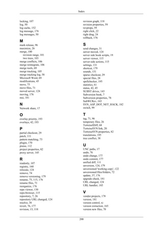 Index
200
locking, 107
log, 50
log cache, 152
log message, 176
log messages, 50
M
mark release, 96
maximize, 26
merge, 100
revision range, 101
two trees, 103
merge conflicts, 106
merge reintegrate, 106
merge tools, 69
merge tracking, 105
merge tracking log, 58
Microsoft Word, 69
modifications, 45
move, 75
move files, 71
moved server, 124
moving, 176
msi, 181
N
Network share, 17
O
overlay priority, 193
overlays, 42, 193
P
partial checkout, 29
patch, 111
pattern matching, 73
plugin, 170
praise, 112
project properties, 82
proxy server, 145
R
readonly, 107
registry, 160
relocate, 124
remove, 74
remove versioning, 179
rename, 75, 115, 176
rename files, 71
reorganize, 176
repo viewer, 130
repo-browser, 115
repository, 7, 26
repository URL changed, 124
resolve, 38
revert, 76, 177
revision, 13, 118
revision graph, 118
revision properties, 59
revprops, 59
right click, 22
right drag, 24
rollback, 176
S
send changes, 31
server moved, 124
server side hook scripts, 19
server viewer, 115
server-side actions, 115
settings, 131
shortcut, 179
sounds, 131
sparse checkout, 29
special files, 28
spellchecker, 195
statistics, 61
status, 42, 45
SUBST drives, 143
Subversion book, 7
Subversion properties, 78
SubWCRev, 165
SVN_ASP_DOT_NET_HACK, 182
switch, 99
T
tag, 71, 96
temporary files, 26
TortoiseIDiff, 68
TortoiseSVN link, 20
TortoiseSVN properties, 82
translations, 195
tree conflict, 38
U
UNC paths, 17
undo, 76
undo change, 177
undo commit, 177
unified diff, 111
unversion, 124, 179
unversioned 'working copy', 122
unversioned files/folders, 72
update, 37, 176
upgrade check, 181
URL changed, 124
URL handler, 185
V
vendor projects, 178
version, 181
version control, xi
version extraction, 165
version new files, 70
 