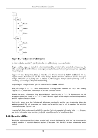 Basic Version-Control Concepts
12
Figure 2.6. The Repository's Filesystem
In other words, the repository's root directory has two subdirectories: paint and calc.
To get a working copy, you must check out some subtree of the repository. (The term check out may sound like
it has something to do with locking or reserving resources, but it doesn't; it simply creates a private copy of the
project for you.)
Suppose you make changes to button.c. Since the .svn directory remembers the file's modification date and
original contents, Subversion can tell that you've changed the file. However, Subversion does not make your
changes public until you explicitly tell it to. The act of publishing your changes is more commonly known as
committing (or checking in) changes to the repository.
To publish your changes to others, you can use Subversion's commit command.
Now your changes to button.c have been committed to the repository; if another user checks out a working
copy of /calc, they will see your changes in the latest version of the file.
Suppose you have a collaborator, Sally, who checked out a working copy of /calc at the same time you did.
When you commit your change to button.c, Sally's working copy is left unchanged; Subversion only modifies
working copies at the user's request.
To bring her project up to date, Sally can ask Subversion to update her working copy, by using the Subversion
update command. This will incorporate your changes into her working copy, as well as any others that have been
committed since she checked it out.
Note that Sally didn't need to specify which files to update; Subversion uses the information in the .svn directory,
and further information in the repository, to decide which files need to be brought up to date.
2.3.2. Repository URLs
Subversion repositories can be accessed through many different methods - on local disk, or through various
network protocols. A repository location, however, is always a URL. The URL schema indicates the access
method:
 