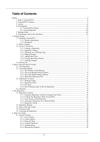 iii
Table of Contents
Preface ........................................................................................................................................ xi
1. What is TortoiseSVN? ....................................................................................................... xi
2. TortoiseSVN's Features ...................................................................................................... xi
3. License ........................................................................................................................... xii
4. Development ................................................................................................................... xii
4.1. TortoiseSVN's History ............................................................................................ xii
4.2. Acknowledgments ................................................................................................. xiii
5. Reading Guide ................................................................................................................ xiii
6. Terminology used in this document .................................................................................... xiv
1. Getting Started .......................................................................................................................... 1
1.1. Installing TortoiseSVN ..................................................................................................... 1
1.1.1. System requirements .............................................................................................. 1
1.1.2. Installation ........................................................................................................... 1
1.2. Basic Concepts ............................................................................................................... 1
1.3. Go for a Test Drive ......................................................................................................... 2
1.3.1. Creating a Repository ............................................................................................ 2
1.3.2. Importing a Project ............................................................................................... 2
1.3.3. Checking out a Working Copy ................................................................................ 3
1.3.4. Making Changes ................................................................................................... 3
1.3.5. Adding More Files ................................................................................................ 4
1.3.6. Viewing the Project History .................................................................................... 4
1.3.7. Undoing Changes .................................................................................................. 5
1.4. Moving On ... ................................................................................................................. 5
2. Basic Version-Control Concepts ................................................................................................... 7
2.1. The Repository ............................................................................................................... 7
2.2. Versioning Models .......................................................................................................... 7
2.2.1. The Problem of File-Sharing ................................................................................... 7
2.2.2. The Lock-Modify-Unlock Solution .......................................................................... 8
2.2.3. The Copy-Modify-Merge Solution ........................................................................... 9
2.2.4. What does Subversion Do? ................................................................................... 11
2.3. Subversion in Action ...................................................................................................... 11
2.3.1. Working Copies .................................................................................................. 11
2.3.2. Repository URLs ................................................................................................. 12
2.3.3. Revisions ........................................................................................................... 13
2.3.4. How Working Copies Track the Repository ............................................................. 15
2.4. Summary ...................................................................................................................... 15
3. The Repository ........................................................................................................................ 16
3.1. Repository Creation ........................................................................................................ 16
3.1.1. Creating a Repository with the Command Line Client ................................................ 16
3.1.2. Creating The Repository With TortoiseSVN ............................................................. 16
3.1.3. Local Access to the Repository .............................................................................. 17
3.1.4. Accessing a Repository on a Network Share ............................................................ 17
3.1.5. Repository Layout ............................................................................................... 18
3.2. Repository Backup ......................................................................................................... 19
3.3. Server side hook scripts .................................................................................................. 19
3.4. Checkout Links ............................................................................................................. 20
3.5. Accessing the Repository ................................................................................................ 20
4. Daily Use Guide ...................................................................................................................... 22
4.1. General Features ............................................................................................................ 22
4.1.1. Icon Overlays ..................................................................................................... 22
4.1.2. Context Menus ................................................................................................... 22
4.1.3. Drag and Drop .................................................................................................... 24
4.1.4. Common Shortcuts .............................................................................................. 25
4.1.5. Authentication .................................................................................................... 25
4.1.6. Maximizing Windows .......................................................................................... 26
 