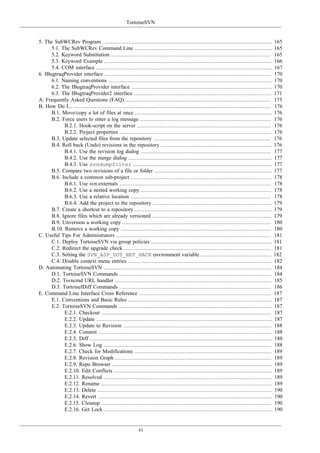 TortoiseSVN
vi
5. The SubWCRev Program ......................................................................................................... 165
5.1. The SubWCRev Command Line ..................................................................................... 165
5.2. Keyword Substitution ................................................................................................... 165
5.3. Keyword Example ........................................................................................................ 166
5.4. COM interface ............................................................................................................. 167
6. IBugtraqProvider interface ....................................................................................................... 170
6.1. Naming conventions ..................................................................................................... 170
6.2. The IBugtraqProvider interface ....................................................................................... 170
6.3. The IBugtraqProvider2 interface ..................................................................................... 171
A. Frequently Asked Questions (FAQ) .......................................................................................... 175
B. How Do I... .......................................................................................................................... 176
B.1. Move/copy a lot of files at once ..................................................................................... 176
B.2. Force users to enter a log message ................................................................................. 176
B.2.1. Hook-script on the server ................................................................................... 176
B.2.2. Project properties .............................................................................................. 176
B.3. Update selected files from the repository ......................................................................... 176
B.4. Roll back (Undo) revisions in the repository ..................................................................... 176
B.4.1. Use the revision log dialog ................................................................................. 177
B.4.2. Use the merge dialog ......................................................................................... 177
B.4.3. Use svndumpfilter ...................................................................................... 177
B.5. Compare two revisions of a file or folder ......................................................................... 177
B.6. Include a common sub-project ....................................................................................... 178
B.6.1. Use svn:externals .............................................................................................. 178
B.6.2. Use a nested working copy ................................................................................. 178
B.6.3. Use a relative location ....................................................................................... 178
B.6.4. Add the project to the repository .......................................................................... 179
B.7. Create a shortcut to a repository ..................................................................................... 179
B.8. Ignore files which are already versioned .......................................................................... 179
B.9. Unversion a working copy ............................................................................................ 180
B.10. Remove a working copy ............................................................................................. 180
C. Useful Tips For Administrators ................................................................................................ 181
C.1. Deploy TortoiseSVN via group policies ........................................................................... 181
C.2. Redirect the upgrade check ........................................................................................... 181
C.3. Setting the SVN_ASP_DOT_NET_HACK environment variable ............................................ 182
C.4. Disable context menu entries ......................................................................................... 182
D. Automating TortoiseSVN ........................................................................................................ 184
D.1. TortoiseSVN Commands .............................................................................................. 184
D.2. Tsvncmd URL handler ................................................................................................. 185
D.3. TortoiseIDiff Commands .............................................................................................. 186
E. Command Line Interface Cross Reference .................................................................................. 187
E.1. Conventions and Basic Rules ......................................................................................... 187
E.2. TortoiseSVN Commands ............................................................................................... 187
E.2.1. Checkout ......................................................................................................... 187
E.2.2. Update ............................................................................................................. 187
E.2.3. Update to Revision ............................................................................................ 188
E.2.4. Commit ........................................................................................................... 188
E.2.5. Diff ................................................................................................................. 188
E.2.6. Show Log ........................................................................................................ 188
E.2.7. Check for Modifications ..................................................................................... 189
E.2.8. Revision Graph ................................................................................................. 189
E.2.9. Repo Browser ................................................................................................... 189
E.2.10. Edit Conflicts .................................................................................................. 189
E.2.11. Resolved ........................................................................................................ 189
E.2.12. Rename .......................................................................................................... 189
E.2.13. Delete ............................................................................................................ 190
E.2.14. Revert ............................................................................................................ 190
E.2.15. Cleanup ......................................................................................................... 190
E.2.16. Get Lock ........................................................................................................ 190
 