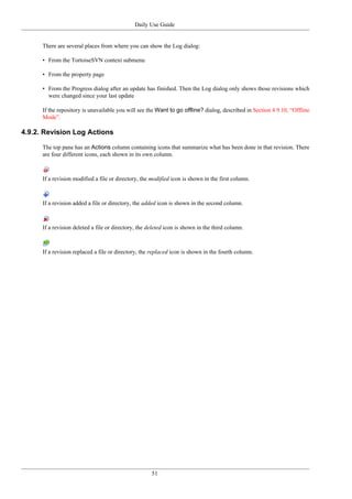 Daily Use Guide
51
There are several places from where you can show the Log dialog:
• From the TortoiseSVN context submenu
• From the property page
• From the Progress dialog after an update has finished. Then the Log dialog only shows those revisions which
were changed since your last update
If the repository is unavailable you will see the Want to go offline? dialog, described in Section 4.9.10, “Offline
Mode”.
4.9.2. Revision Log Actions
The top pane has an Actions column containing icons that summarize what has been done in that revision. There
are four different icons, each shown in its own column.
If a revision modified a file or directory, the modified icon is shown in the first column.
If a revision added a file or directory, the added icon is shown in the second column.
If a revision deleted a file or directory, the deleted icon is shown in the third column.
If a revision replaced a file or directory, the replaced icon is shown in the fourth column.
 