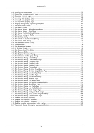 TortoiseSVN
ix
4.44. tsvn:bugtraq property page ..................................................................................................... 90
4.45. Size of log messages property page ......................................................................................... 91
4.46. Language property page ........................................................................................................ 91
4.47. svn:mime-type property page ................................................................................................. 92
4.48. svn:needs-lock property page ................................................................................................. 92
4.49. svn:executable property page .................................................................................................. 92
4.50. Property dialog merge log message templates ........................................................................... 93
4.51. The Branch/Tag Dialog ......................................................................................................... 97
4.52. The Switch Dialog .............................................................................................................. 100
4.53. The Merge Wizard - Select Revision Range ............................................................................ 101
4.54. The Merge Wizard - Tree Merge .......................................................................................... 103
4.55. The Merge Conflict Callback Dialog ..................................................................................... 106
4.56. The Merge reintegrate Dialog ............................................................................................... 107
4.57. The Locking Dialog ............................................................................................................ 109
4.58. The Check for Modifications Dialog ...................................................................................... 110
4.59. The Create Patch dialog ...................................................................................................... 111
4.60. The Annotate / Blame Dialog ............................................................................................... 113
4.61. TortoiseBlame .................................................................................................................... 114
4.62. The Repository Browser ...................................................................................................... 116
4.63. A Revision Graph ............................................................................................................... 118
4.64. The Export-from-URL Dialog ............................................................................................... 123
4.65. The Relocate Dialog ........................................................................................................... 124
4.66. The Bugtraq Properties Dialog .............................................................................................. 126
4.67. Example issue tracker query dialog ....................................................................................... 129
4.68. The Settings Dialog, General Page ........................................................................................ 131
4.69. The Settings Dialog, Context Menu Page ................................................................................ 133
4.70. The Settings Dialog, Dialogs 1 Page ...................................................................................... 134
4.71. The Settings Dialog, Dialogs 2 Page ...................................................................................... 135
4.72. The Settings Dialog, Dialogs 3 Page ...................................................................................... 137
4.73. The Settings Dialog, Colours Page ........................................................................................ 138
4.74. The Settings Dialog, Revision Graph Page .............................................................................. 139
4.75. The Settings Dialog, Revision Graph Colors Page .................................................................... 140
4.76. The Settings Dialog, Icon Overlays Page ................................................................................ 141
4.77. The Settings Dialog, Icon Set Page ........................................................................................ 144
4.78. The Settings Dialog, Icon Handlers Page ................................................................................ 145
4.79. The Settings Dialog, Network Page ....................................................................................... 146
4.80. The Settings Dialog, Diff Viewer Page .................................................................................. 147
4.81. The Settings Dialog, Diff/Merge Advanced Dialog ................................................................... 150
4.82. The Settings Dialog, Saved Data Page ................................................................................... 151
4.83. The Settings Dialog, Log Cache Page .................................................................................... 152
4.84. The Settings Dialog, Log Cache Statistics ............................................................................... 154
4.85. The Settings Dialog, Hook Scripts Page ................................................................................. 155
4.86. The Settings Dialog, Configure Hook Scripts .......................................................................... 156
4.87. The Settings Dialog, Issue Tracker Integration Page ................................................................. 158
4.88. The Settings Dialog, TortoiseBlame Page ............................................................................... 159
4.89. Taskbar with default grouping .............................................................................................. 161
4.90. Taskbar with repository grouping .......................................................................................... 161
4.91. Taskbar with repository grouping .......................................................................................... 162
4.92. Taskbar grouping with repository color overlays ...................................................................... 162
C.1. The commit dialog, showing the upgrade notification ................................................................. 181
 