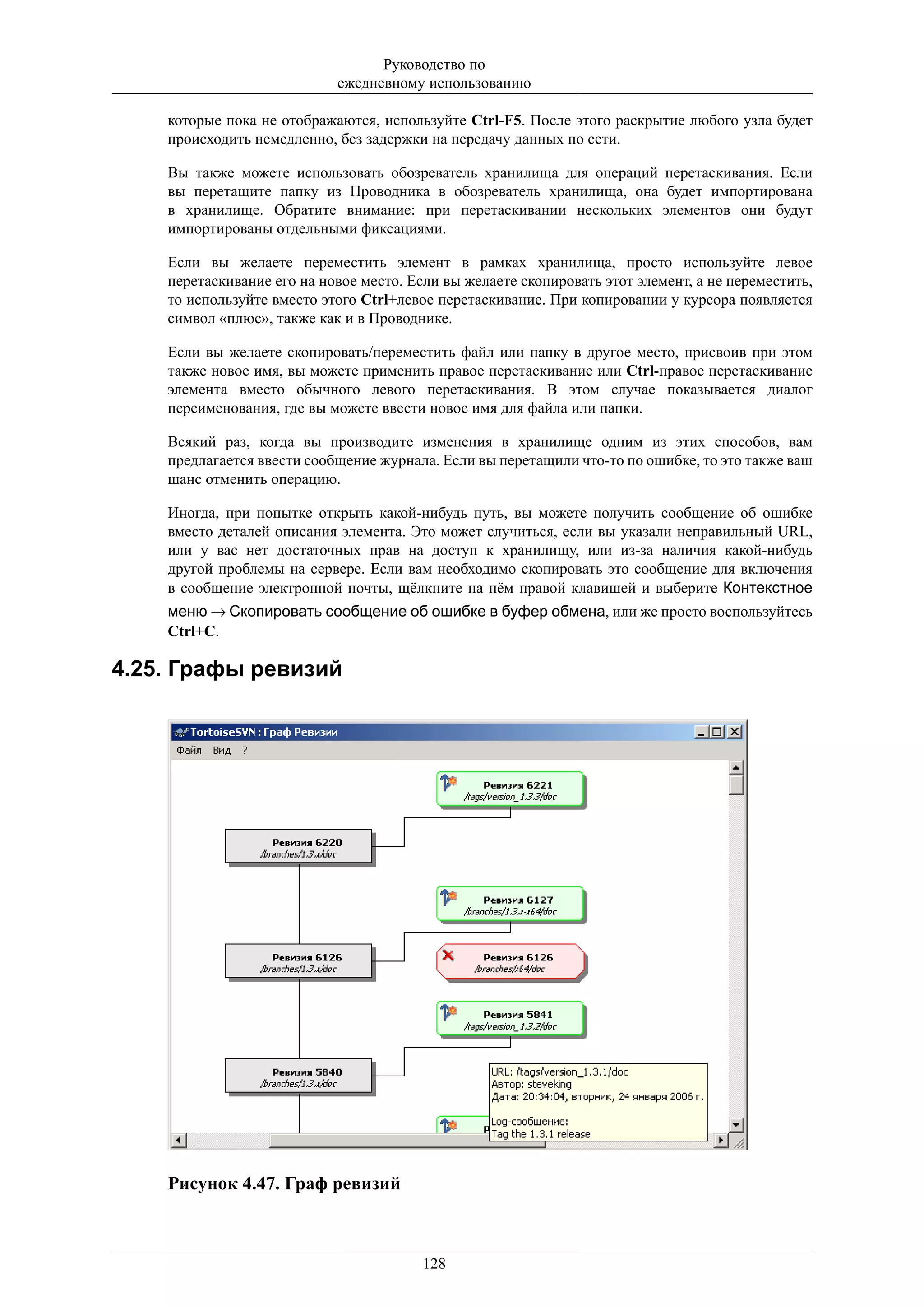 Руководство по
                            ежедневному использованию

    которые пока не отображаются, используйте Ctrl-F5. После этого раскрытие любого узла будет
    происходить немедленно, без задержки на передачу данных по сети.

    Вы также можете использовать обозреватель хранилища для операций перетаскивания. Если
    вы перетащите папку из Проводника в обозреватель хранилища, она будет импортирована
    в хранилище. Обратите внимание: при перетаскивании нескольких элементов они будут
    импортированы отдельными фиксациями.

    Если вы желаете переместить элемент в рамках хранилища, просто используйте левое
    перетаскивание его на новое место. Если вы желаете скопировать этот элемент, а не переместить,
    то используйте вместо этого Ctrl+левое перетаскивание. При копировании у курсора появляется
    символ «плюс», также как и в Проводнике.

    Если вы желаете скопировать/переместить файл или папку в другое место, присвоив при этом
    также новое имя, вы можете применить правое перетаскивание или Ctrl-правое перетаскивание
    элемента вместо обычного левого перетаскивания. В этом случае показывается диалог
    переименования, где вы можете ввести новое имя для файла или папки.

    Всякий раз, когда вы производите изменения в хранилище одним из этих способов, вам
    предлагается ввести сообщение журнала. Если вы перетащили что-то по ошибке, то это также ваш
    шанс отменить операцию.

    Иногда, при попытке открыть какой-нибудь путь, вы можете получить сообщение об ошибке
    вместо деталей описания элемента. Это может случиться, если вы указали неправильный URL,
    или у вас нет достаточных прав на доступ к хранилищу, или из-за наличия какой-нибудь
    другой проблемы на сервере. Если вам необходимо скопировать это сообщение для включения
    в сообщение электронной почты, щёлкните на нём правой клавишей и выберите Контекстное
    меню → Скопировать сообщение об ошибке в буфер обмена, или же просто воспользуйтесь
    Ctrl+C.

4.25. Графы ревизий




    Рисунок 4.47. Граф ревизий



                                         128
 
