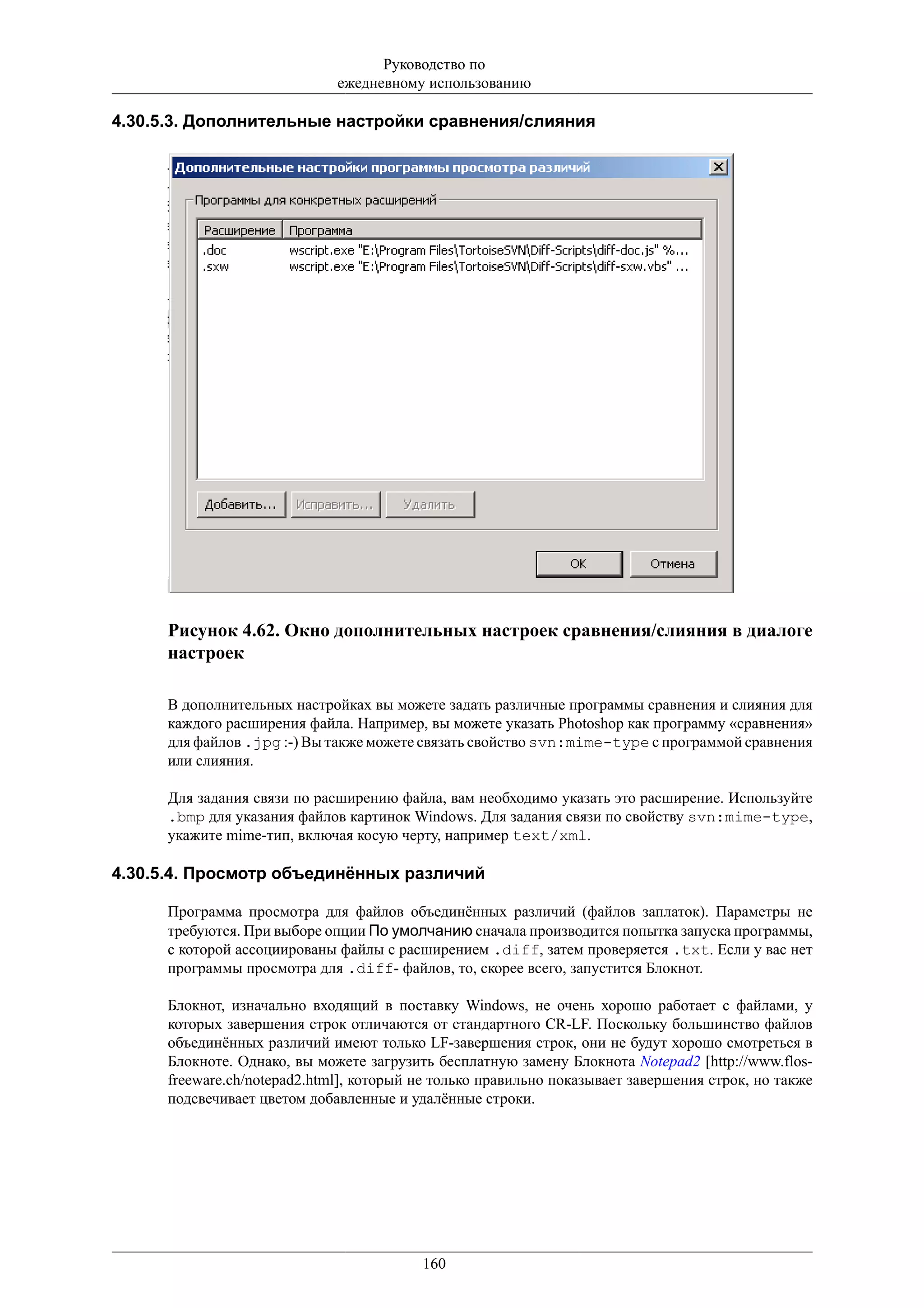 Руководство по
                              ежедневному использованию

4.30.5.3. Дополнительные настройки сравнения/слияния




      Рисунок 4.62. Окно дополнительных настроек сравнения/слияния в диалоге
      настроек

      В дополнительных настройках вы можете задать различные программы сравнения и слияния для
      каждого расширения файла. Например, вы можете указать Photoshop как программу «сравнения»
      для файлов .jpg :-) Вы также можете связать свойство svn:mime-type с программой сравнения
      или слияния.

      Для задания связи по расширению файла, вам необходимо указать это расширение. Используйте
      .bmp для указания файлов картинок Windows. Для задания связи по свойству svn:mime-type,
      укажите mime-тип, включая косую черту, например text/xml.

4.30.5.4. Просмотр объединённых различий

      Программа просмотра для файлов объединённых различий (файлов заплаток). Параметры не
      требуются. При выборе опции По умолчанию сначала производится попытка запуска программы,
      с которой ассоциированы файлы с расширением .diff, затем проверяется .txt. Если у вас нет
      программы просмотра для .diff- файлов, то, скорее всего, запустится Блокнот.

      Блокнот, изначально входящий в поставку Windows, не очень хорошо работает с файлами, у
      которых завершения строк отличаются от стандартного CR-LF. Поскольку большинство файлов
      объединённых различий имеют только LF-завершения строк, они не будут хорошо смотреться в
      Блокноте. Однако, вы можете загрузить бесплатную замену Блокнота Notepad2 [http://www.flos-
      freeware.ch/notepad2.html], который не только правильно показывает завершения строк, но также
      подсвечивает цветом добавленные и удалённые строки.




                                          160
 