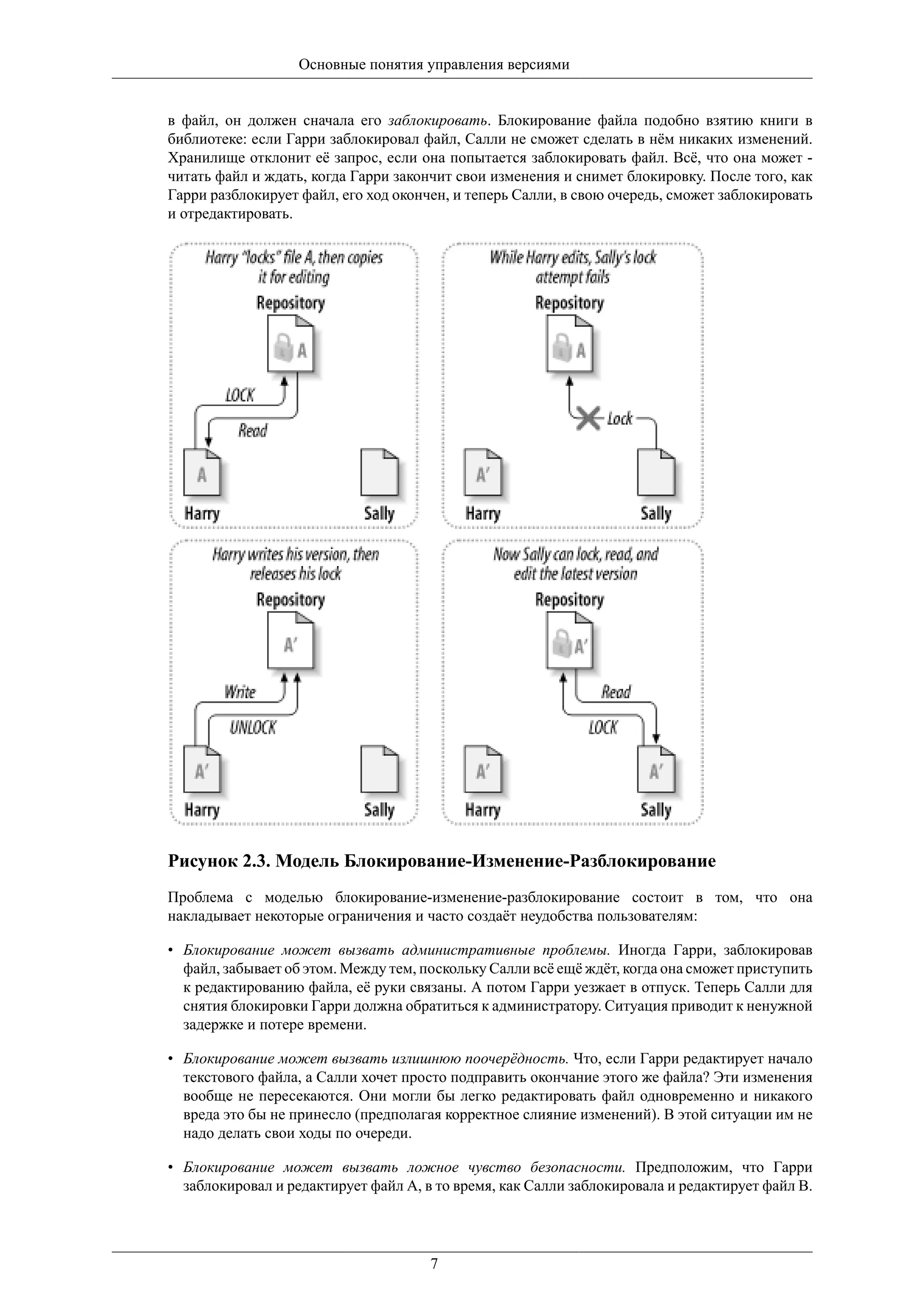 Основные понятия управления версиями


в файл, он должен сначала его заблокировать. Блокирование файла подобно взятию книги в
библиотеке: если Гарри заблокировал файл, Салли не сможет сделать в нём никаких изменений.
Хранилище отклонит её запрос, если она попытается заблокировать файл. Всё, что она может -
читать файл и ждать, когда Гарри закончит свои изменения и снимет блокировку. После того, как
Гарри разблокирует файл, его ход окончен, и теперь Салли, в свою очередь, сможет заблокировать
и отредактировать.




Рисунок 2.3. Модель Блокирование-Изменение-Разблокирование
Проблема с моделью блокирование-изменение-разблокирование состоит в том, что она
накладывает некоторые ограничения и часто создаёт неудобства пользователям:

• Блокирование может вызвать административные проблемы. Иногда Гарри, заблокировав
  файл, забывает об этом. Между тем, поскольку Салли всё ещё ждёт, когда она сможет приступить
  к редактированию файла, её руки связаны. А потом Гарри уезжает в отпуск. Теперь Салли для
  снятия блокировки Гарри должна обратиться к администратору. Ситуация приводит к ненужной
  задержке и потере времени.

• Блокирование может вызвать излишнюю поочерёдность. Что, если Гарри редактирует начало
  текстового файла, а Салли хочет просто подправить окончание этого же файла? Эти изменения
  вообще не пересекаются. Они могли бы легко редактировать файл одновременно и никакого
  вреда это бы не принесло (предполагая корректное слияние изменений). В этой ситуации им не
  надо делать свои ходы по очереди.

• Блокирование может вызвать ложное чувство безопасности. Предположим, что Гарри
  заблокировал и редактирует файл А, в то время, как Салли заблокировала и редактирует файл В.




                                      7
 