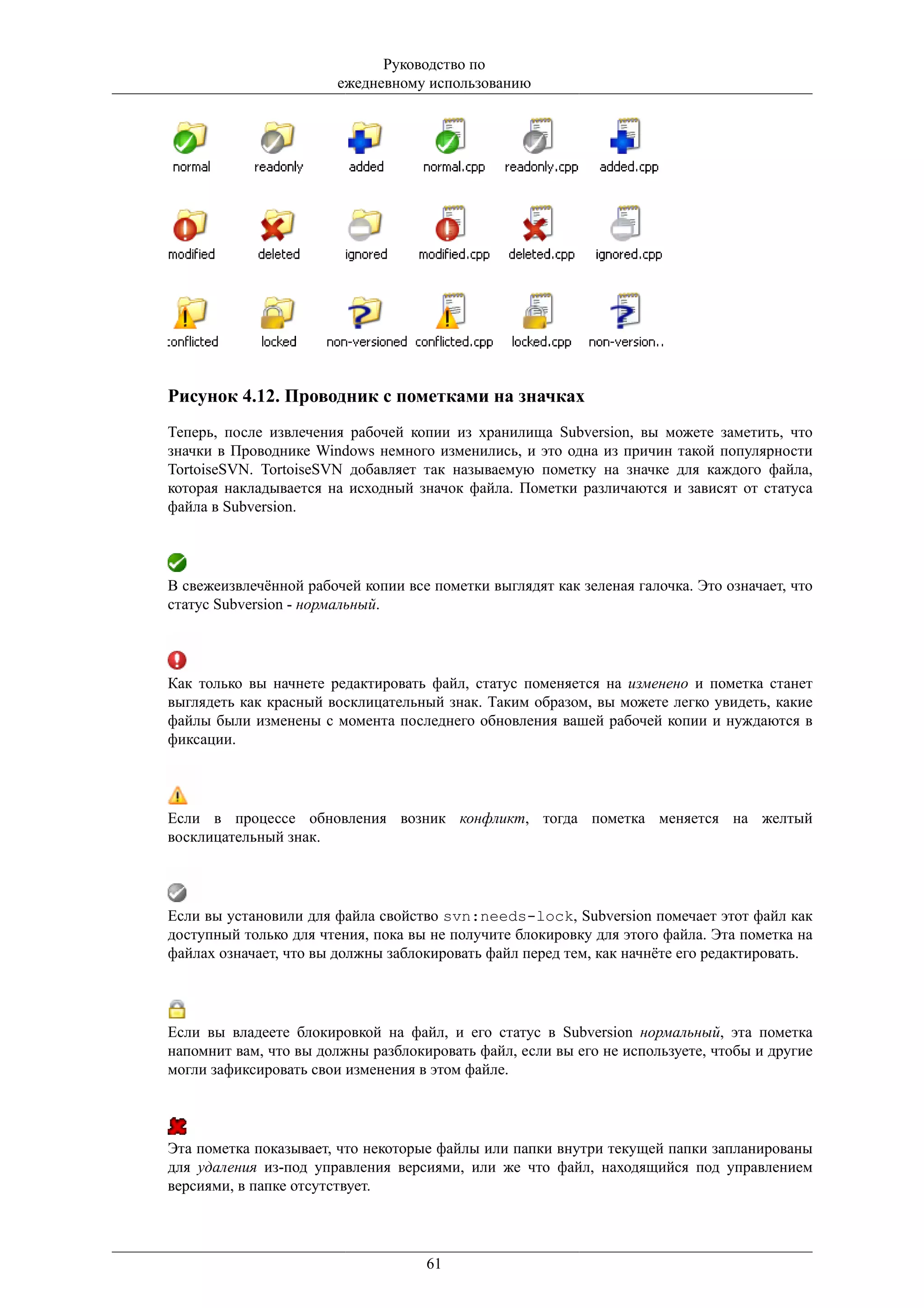 Руководство по
                        ежедневному использованию




Рисунок 4.12. Проводник с пометками на значках
Теперь, после извлечения рабочей копии из хранилища Subversion, вы можете заметить, что
значки в Проводнике Windows немного изменились, и это одна из причин такой популярности
TortoiseSVN. TortoiseSVN добавляет так называемую пометку на значке для каждого файла,
которая накладывается на исходный значок файла. Пометки различаются и зависят от статуса
файла в Subversion.




В свежеизвлечённой рабочей копии все пометки выглядят как зеленая галочка. Это означает, что
статус Subversion - нормальный.




Как только вы начнете редактировать файл, статус поменяется на изменено и пометка станет
выглядеть как красный восклицательный знак. Таким образом, вы можете легко увидеть, какие
файлы были изменены с момента последнего обновления вашей рабочей копии и нуждаются в
фиксации.




Если в процессе обновления возник конфликт, тогда пометка меняется на желтый
восклицательный знак.




Если вы установили для файла свойство svn:needs-lock, Subversion помечает этот файл как
доступный только для чтения, пока вы не получите блокировку для этого файла. Эта пометка на
файлах означает, что вы должны заблокировать файл перед тем, как начнёте его редактировать.




Если вы владеете блокировкой на файл, и его статус в Subversion нормальный, эта пометка
напомнит вам, что вы должны разблокировать файл, если вы его не используете, чтобы и другие
могли зафиксировать свои изменения в этом файле.




Эта пометка показывает, что некоторые файлы или папки внутри текущей папки запланированы
для удаления из-под управления версиями, или же что файл, находящийся под управлением
версиями, в папке отсутствует.




                                    61
 