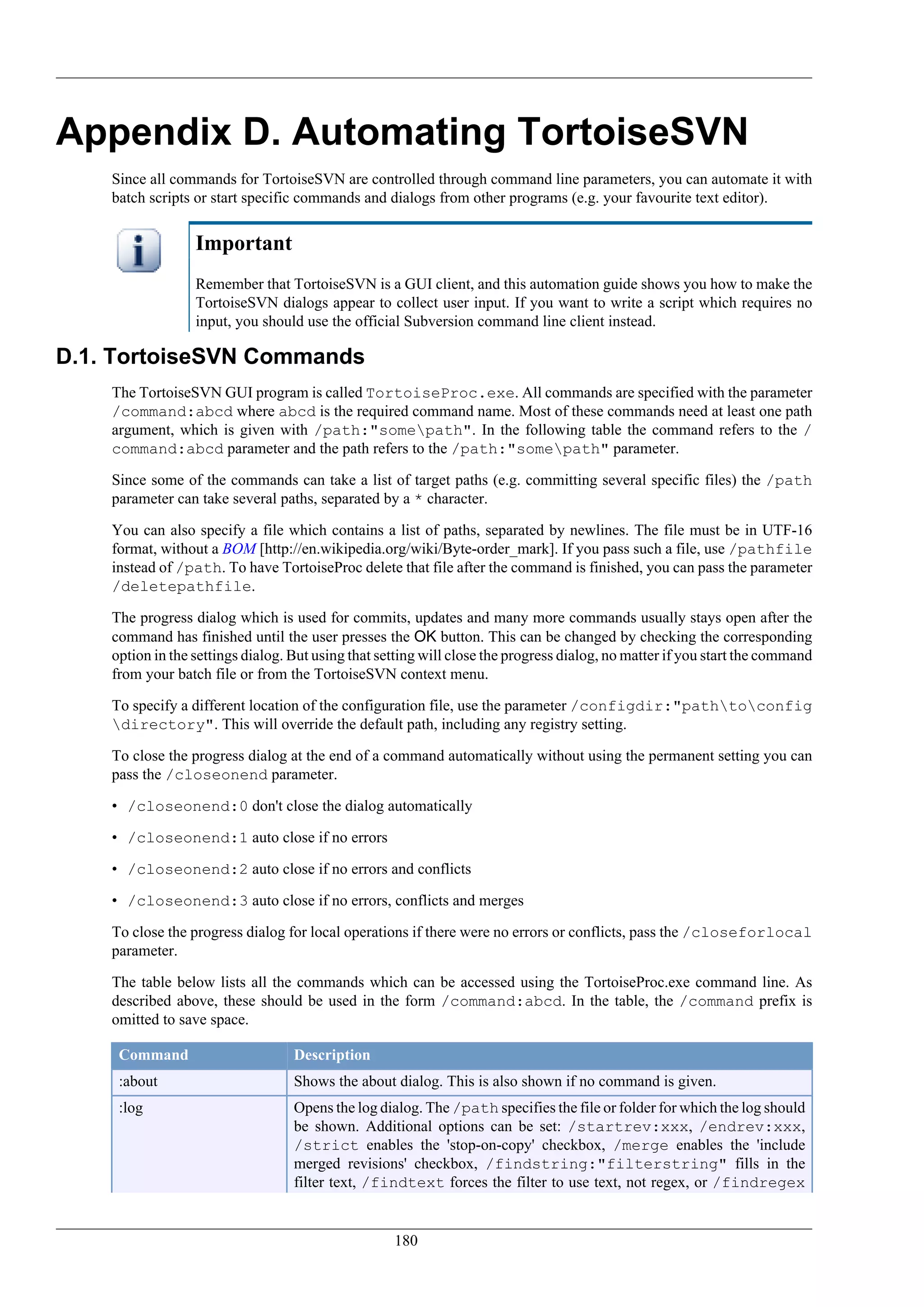 Appendix D. Automating TortoiseSVN
    Since all commands for TortoiseSVN are controlled through command line parameters, you can automate it with
    batch scripts or start specific commands and dialogs from other programs (e.g. your favourite text editor).


                  Important
                  Remember that TortoiseSVN is a GUI client, and this automation guide shows you how to make the
                  TortoiseSVN dialogs appear to collect user input. If you want to write a script which requires no
                  input, you should use the official Subversion command line client instead.

D.1. TortoiseSVN Commands
    The TortoiseSVN GUI program is called TortoiseProc.exe. All commands are specified with the parameter
    /command:abcd where abcd is the required command name. Most of these commands need at least one path
    argument, which is given with /path:"somepath". In the following table the command refers to the /
    command:abcd parameter and the path refers to the /path:"somepath" parameter.

    Since some of the commands can take a list of target paths (e.g. committing several specific files) the /path
    parameter can take several paths, separated by a * character.

    You can also specify a file which contains a list of paths, separated by newlines. The file must be in UTF-16
    format, without a BOM [http://en.wikipedia.org/wiki/Byte-order_mark]. If you pass such a file, use /pathfile
    instead of /path. To have TortoiseProc delete that file after the command is finished, you can pass the parameter
    /deletepathfile.

    The progress dialog which is used for commits, updates and many more commands usually stays open after the
    command has finished until the user presses the OK button. This can be changed by checking the corresponding
    option in the settings dialog. But using that setting will close the progress dialog, no matter if you start the command
    from your batch file or from the TortoiseSVN context menu.

    To specify a different location of the configuration file, use the parameter /configdir:"pathtoconfig
    directory". This will override the default path, including any registry setting.

    To close the progress dialog at the end of a command automatically without using the permanent setting you can
    pass the /closeonend parameter.

    • /closeonend:0 don't close the dialog automatically

    • /closeonend:1 auto close if no errors

    • /closeonend:2 auto close if no errors and conflicts

    • /closeonend:3 auto close if no errors, conflicts and merges

    To close the progress dialog for local operations if there were no errors or conflicts, pass the /closeforlocal
    parameter.

    The table below lists all the commands which can be accessed using the TortoiseProc.exe command line. As
    described above, these should be used in the form /command:abcd. In the table, the /command prefix is
    omitted to save space.

     Command                       Description
     :about                        Shows the about dialog. This is also shown if no command is given.
     :log                          Opens the log dialog. The /path specifies the file or folder for which the log should
                                   be shown. Additional options can be set: /startrev:xxx, /endrev:xxx,
                                   /strict enables the 'stop-on-copy' checkbox, /merge enables the 'include
                                   merged revisions' checkbox, /findstring:"filterstring" fills in the
                                   filter text, /findtext forces the filter to use text, not regex, or /findregex


                                                    180
 